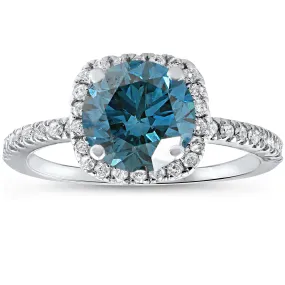 1 3/4 ct Blue Diamond Cushion Halo Engagement Ring 14k White Gold Treated