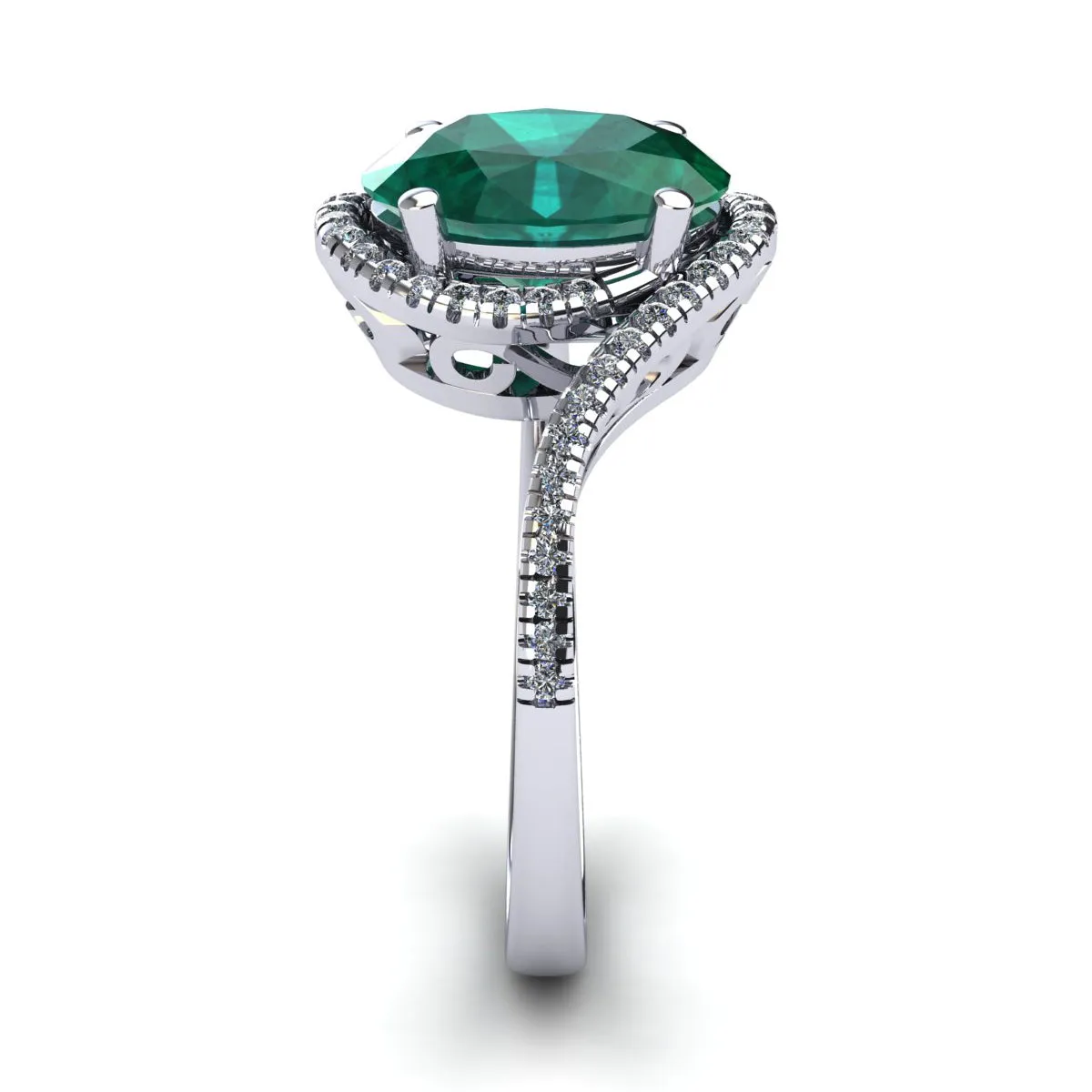 1 Carat Oval Shape Emerald And Halo Diamond Ring In 14 Karat White Gold