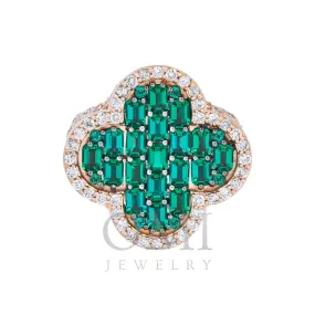 14K GOLD BAGUETTE DIAMOND AND EMERALD GEMSTONE CLOVER STATEMENT RING 5.65 CTW