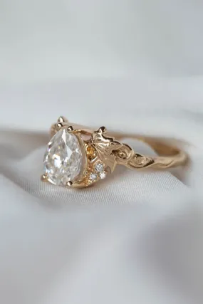 2 carat moissanite engagement ring, gold leaves promise ring with diamonds / Vineyard