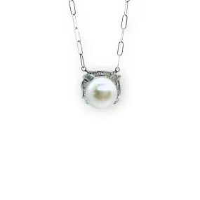 351540-c693 14kt gold 11.50mm white south sea pearl and .36ct total diamond on 18inch open link chain