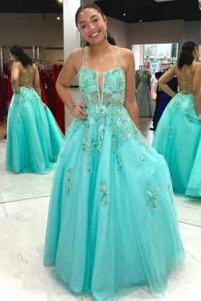 A Line Spaghetti Straps Turquoise Tulle Prom Dress Long Evening Dress,BD93347