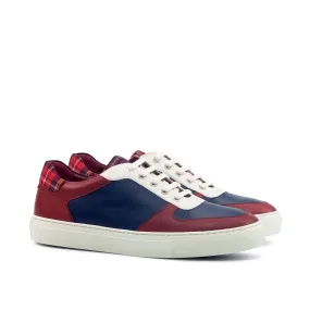 Ambrogio Bespoke Custom Men's Shoes Red, Navy & White Tartan Fabric / Calf-Skin Leather Trainer Sneakers (AMB2123)