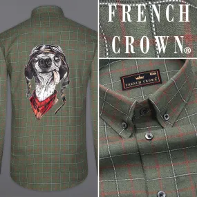 Asparagus Green with Chestnut Brown Checkered with Comical Dog Printed Super Soft Premium Cotton Designer Shirt