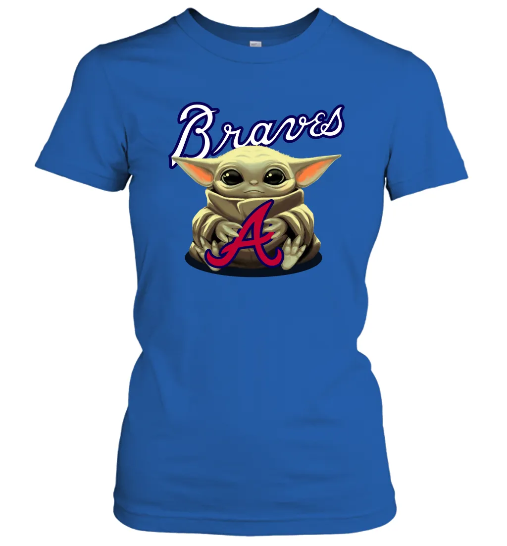 Baby Yoda Hugs Loves The Atlanta Braves Baseball Womens T-Shirt