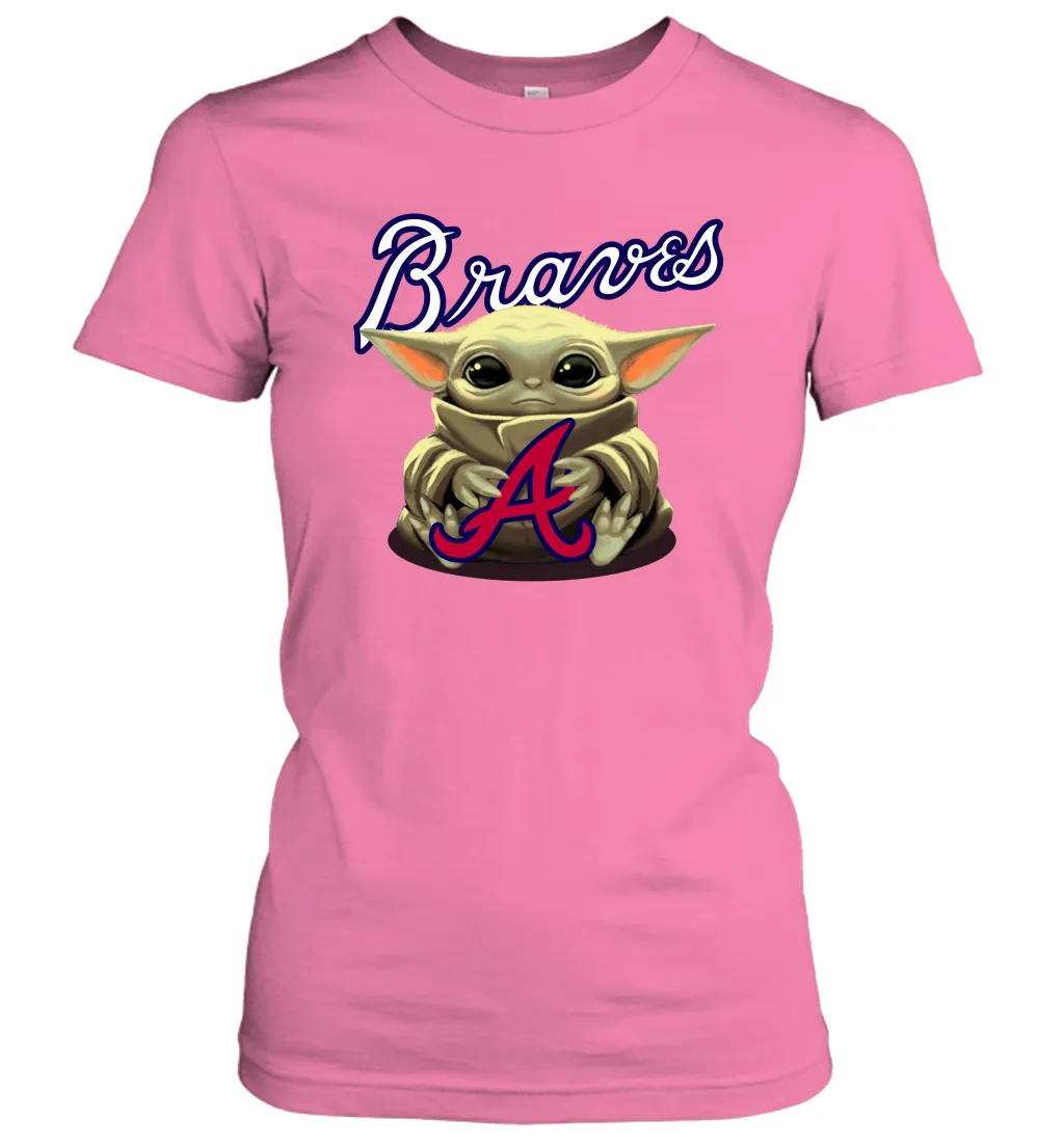 Baby Yoda Hugs Loves The Atlanta Braves Baseball Womens T-Shirt