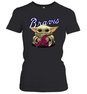 Baby Yoda Hugs Loves The Atlanta Braves Baseball Womens T-Shirt