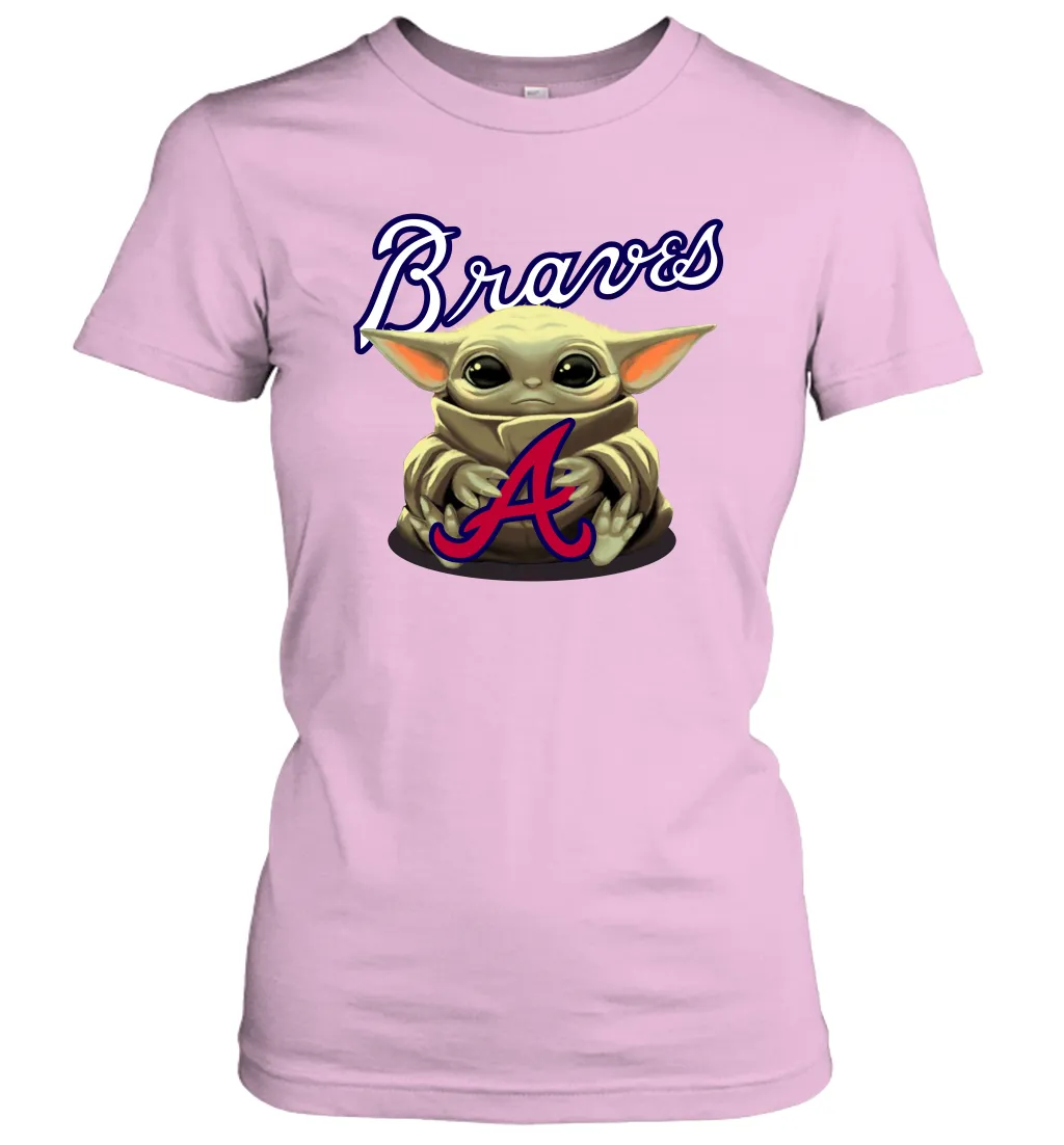 Baby Yoda Hugs Loves The Atlanta Braves Baseball Womens T-Shirt