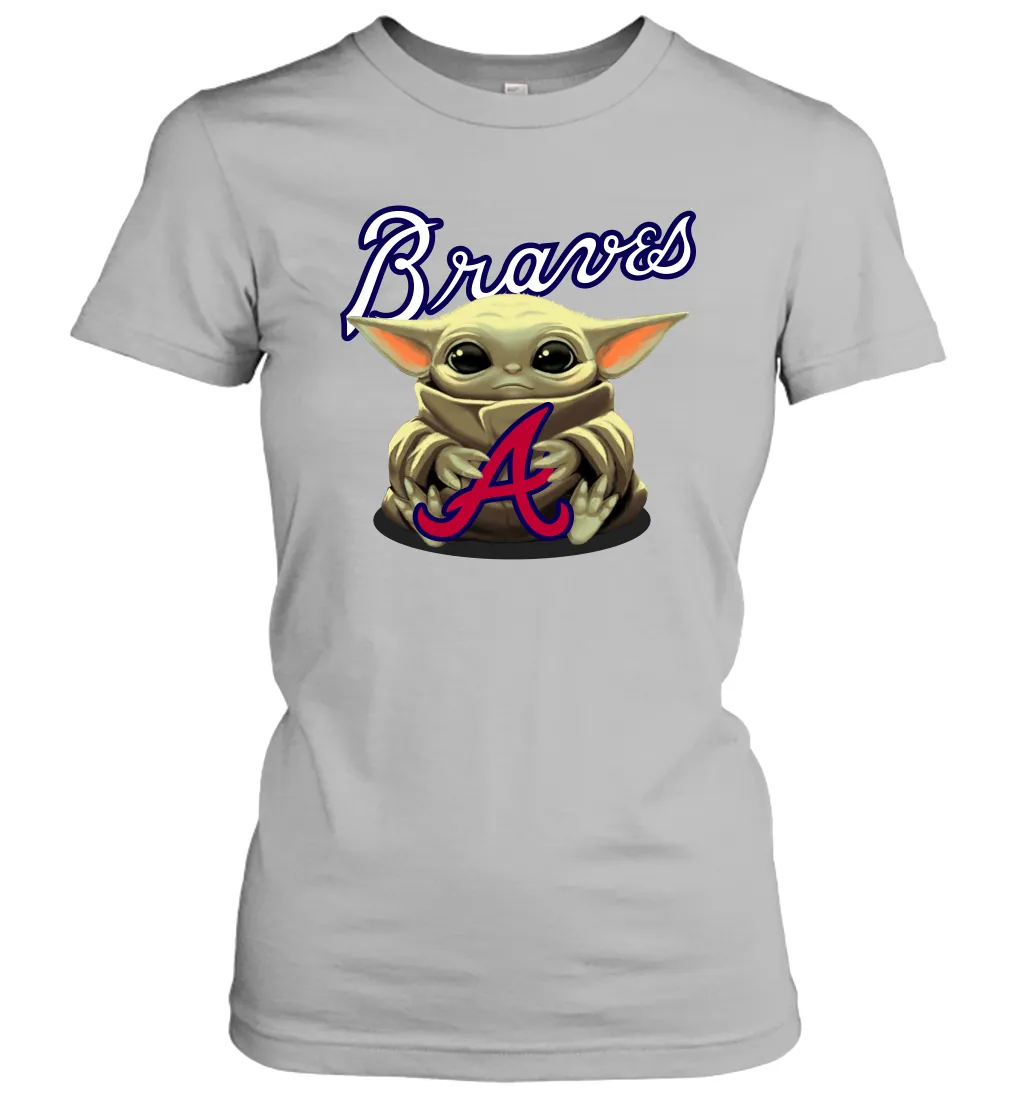 Baby Yoda Hugs Loves The Atlanta Braves Baseball Womens T-Shirt