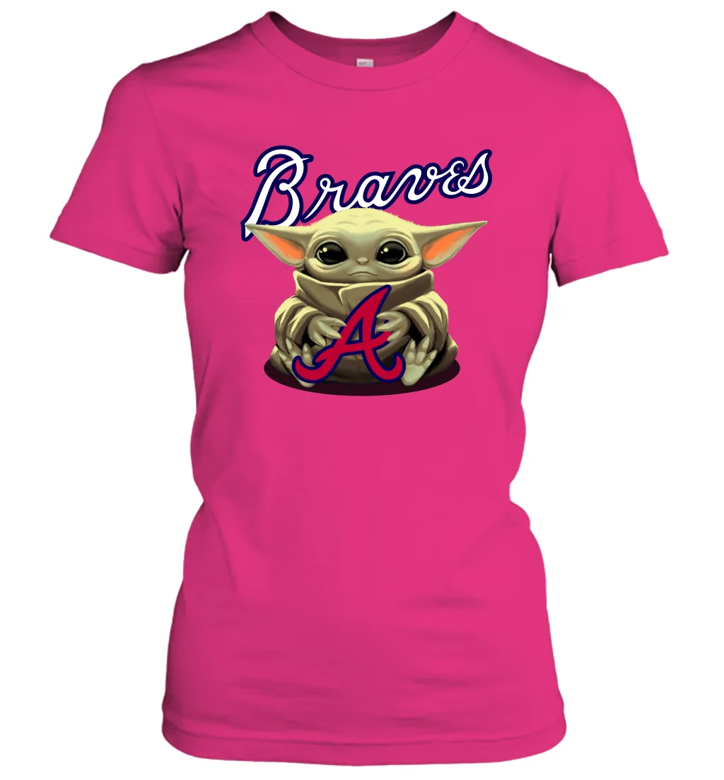 Baby Yoda Hugs Loves The Atlanta Braves Baseball Womens T-Shirt