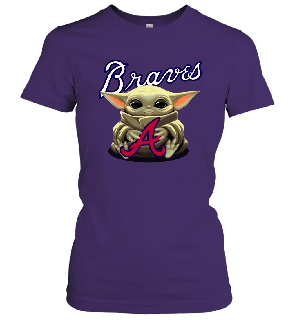 Baby Yoda Hugs Loves The Atlanta Braves Baseball Womens T-Shirt