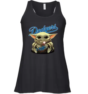 Baby Yoda Hugs Loves The Los Angeles Dodgers Baseball Womens Racerback Tank Top