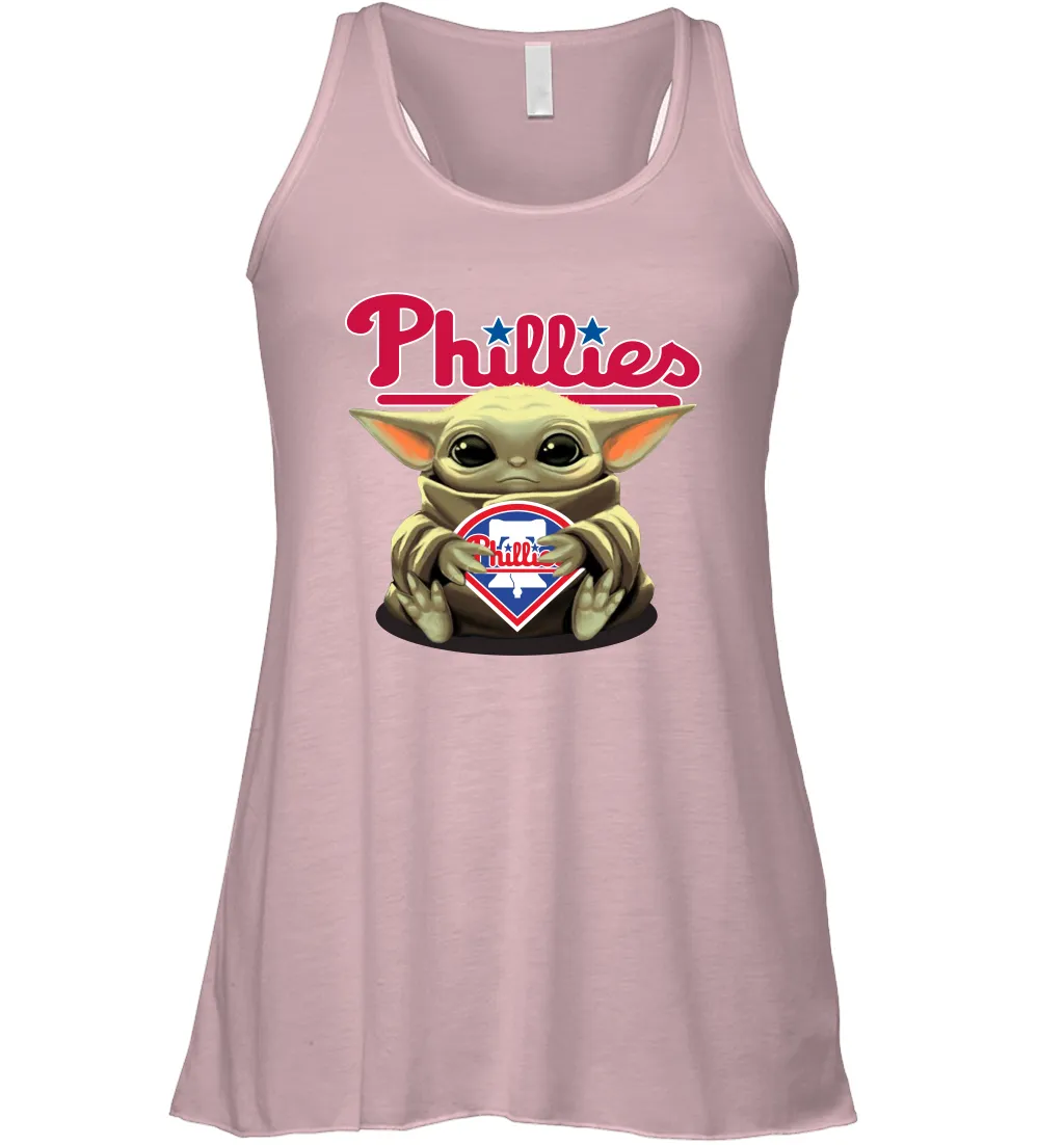 Baby Yoda Hugs Loves The Philadelphia Phillies Baseball Womens Racerback Tank Top