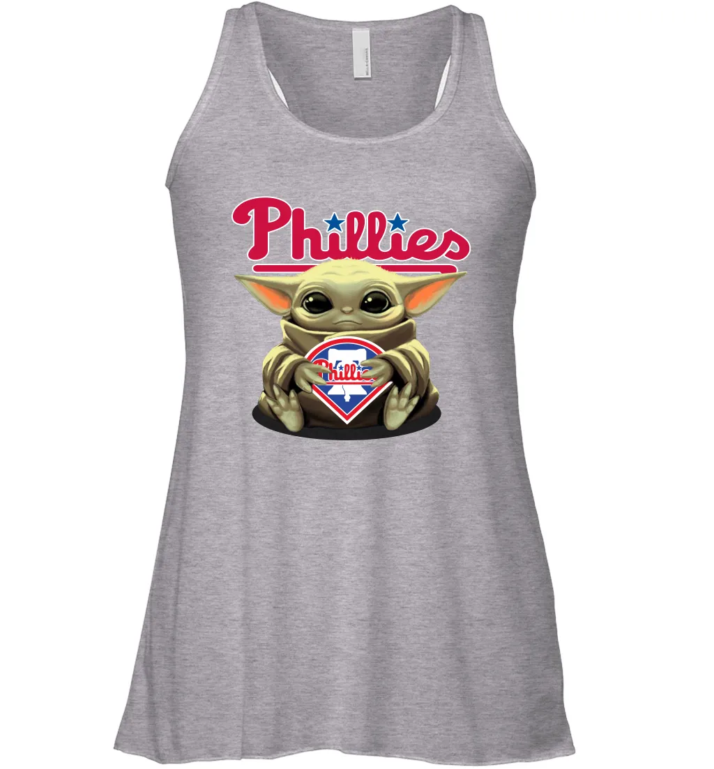 Baby Yoda Hugs Loves The Philadelphia Phillies Baseball Womens Racerback Tank Top