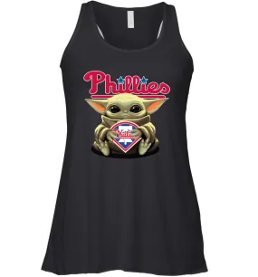 Baby Yoda Hugs Loves The Philadelphia Phillies Baseball Womens Racerback Tank Top