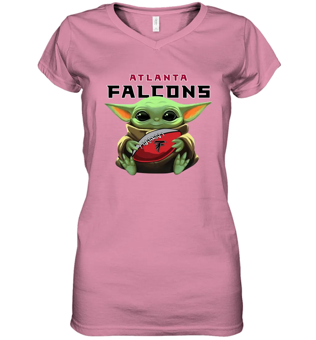 Baby Yoda Loves The Atlanta Falcons Star Wars Baby Yoda Hugs Falcons NFL Womens V-Neck T-Shirt