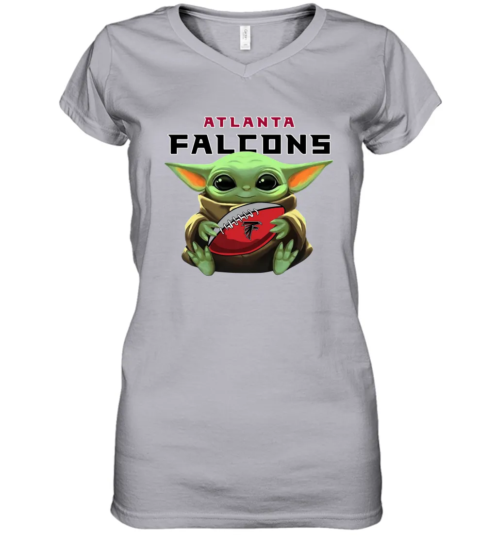 Baby Yoda Loves The Atlanta Falcons Star Wars Baby Yoda Hugs Falcons NFL Womens V-Neck T-Shirt