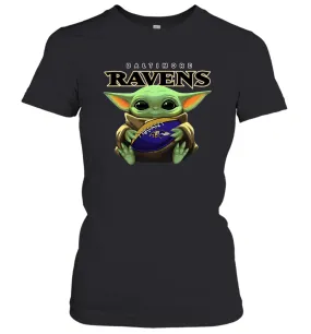 Baby Yoda Loves The Baltimore Ravens Star Wars Baby Yoda Hugs Ravens NFL Womens T-Shirt