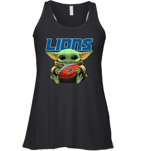 Baby Yoda Loves The Detroit Lions Star Wars Baby Yoda Hugs Lions NFL Womens Racerback Tank Top