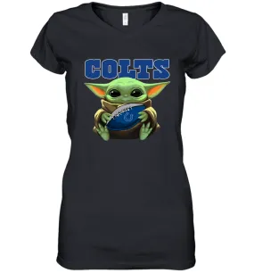 Baby Yoda Loves The Indianapolis Colts Star Wars Baby Yoda Hugs Colts NFL Womens V-Neck T-Shirt