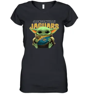 Baby Yoda Loves The Jacksonville Jaguars Star Wars Baby Yoda Hugs Jaguars NFL Womens V-Neck T-Shirt