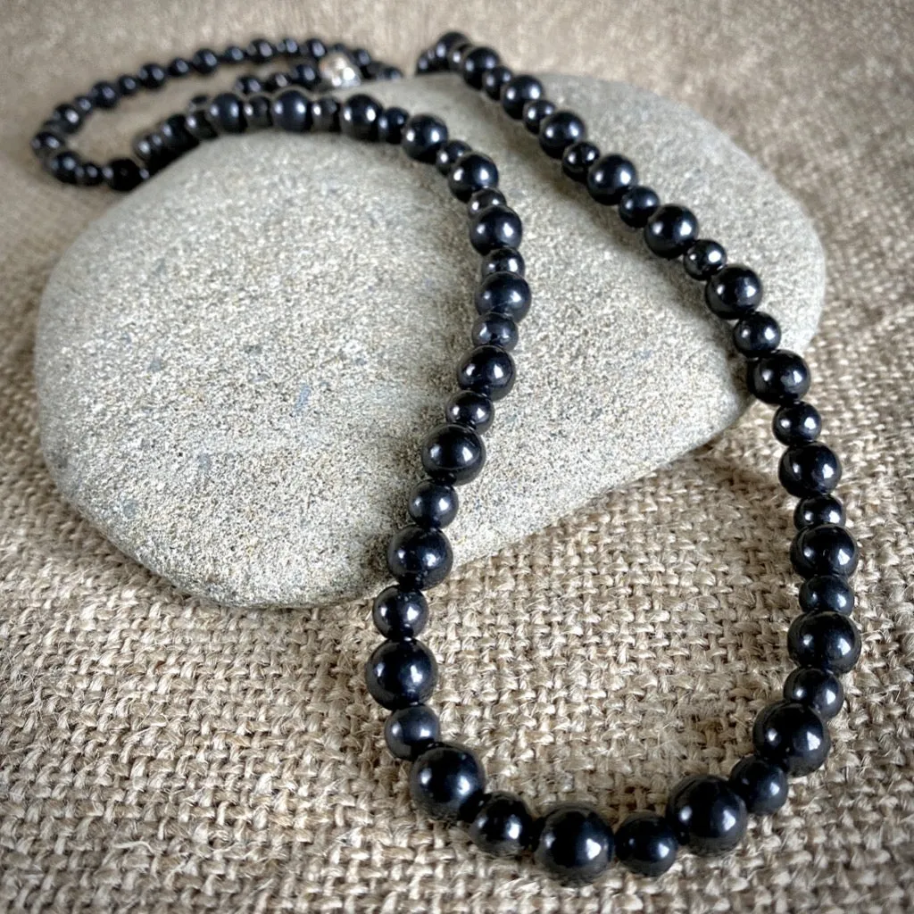 Black Shungite 8mm Round Bead Necklace, 18 Inches, Short, Unisex