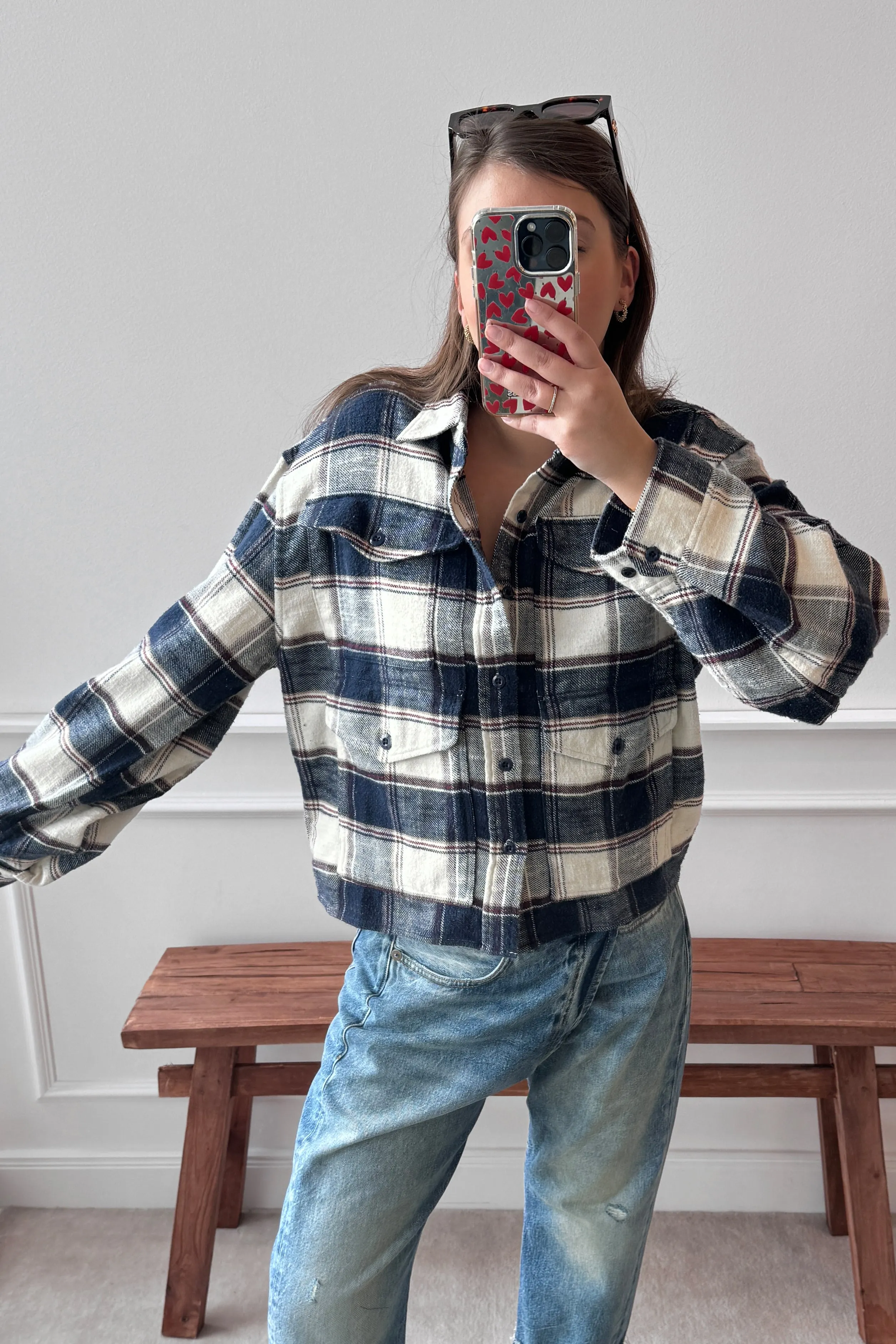 Bluse Cropped Multipocket in Ecru Plaid