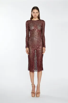 Cabernet Mesh-Sequin Long-Sleeve Midi-Dress