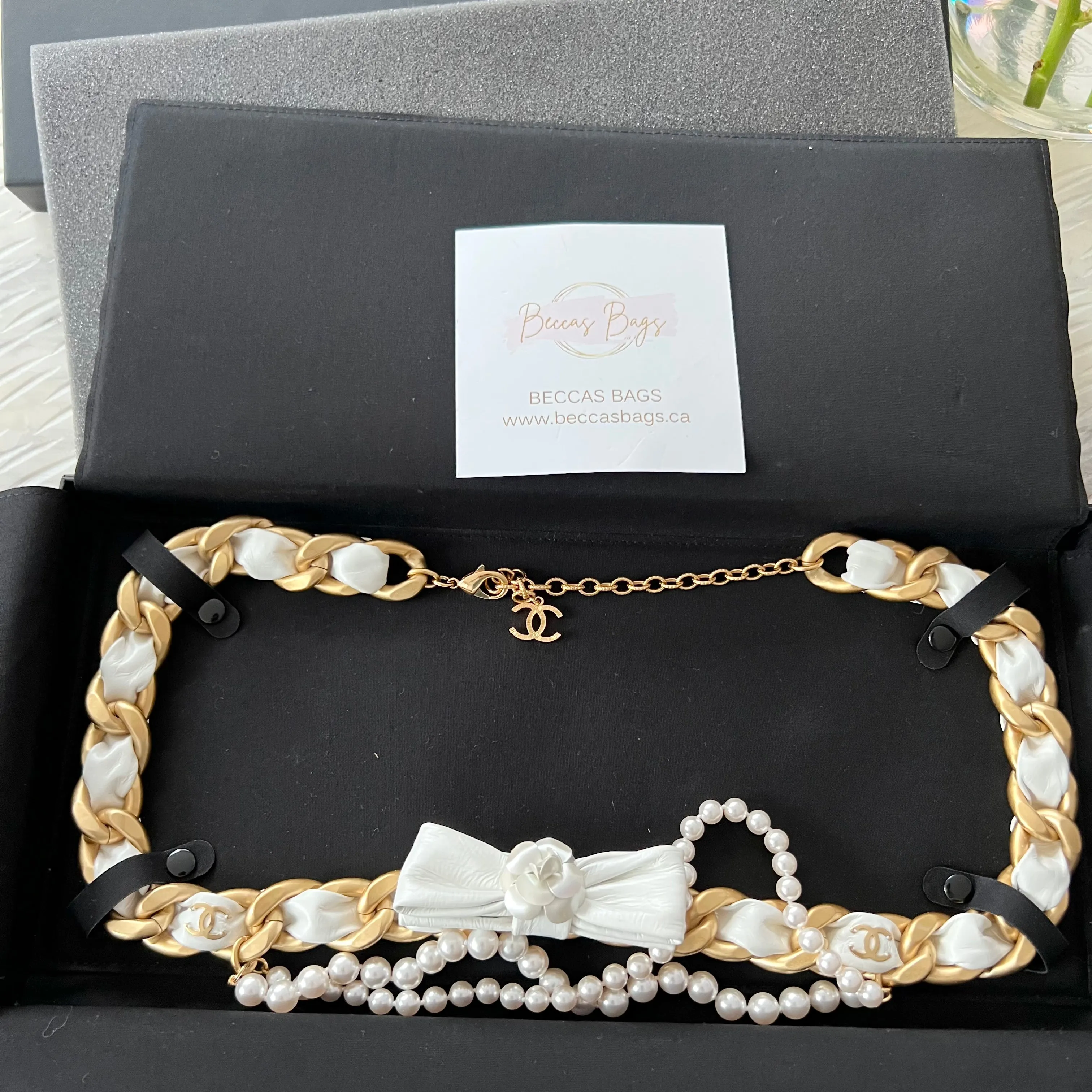 Chanel Camellia Leather Chain CC Pearl Belt