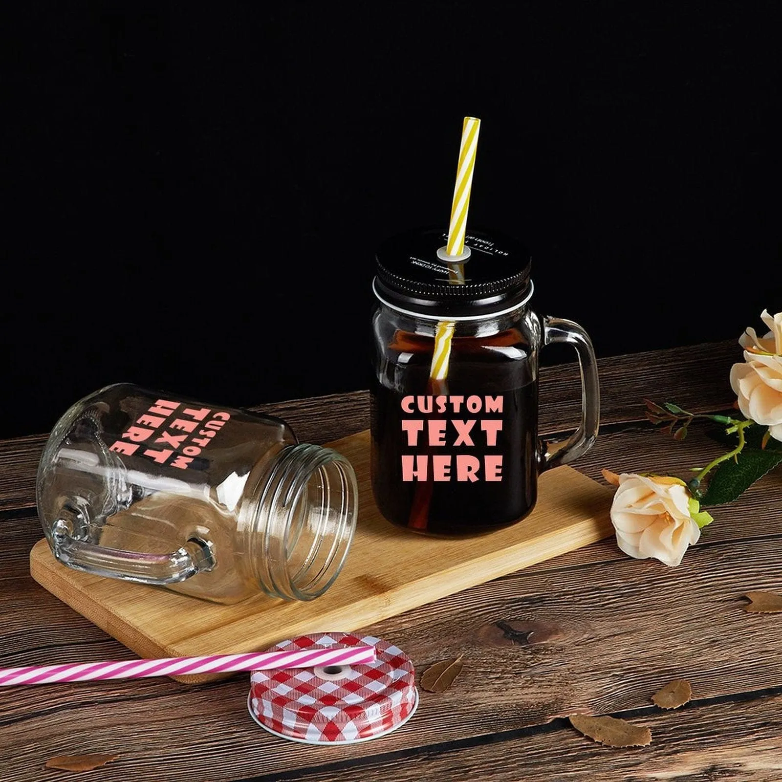 Custom Text 16OZ Mason Cup with Handle&Lid Personalized Drinking Glass Gift Mason Jar Wedding Gifts Favors