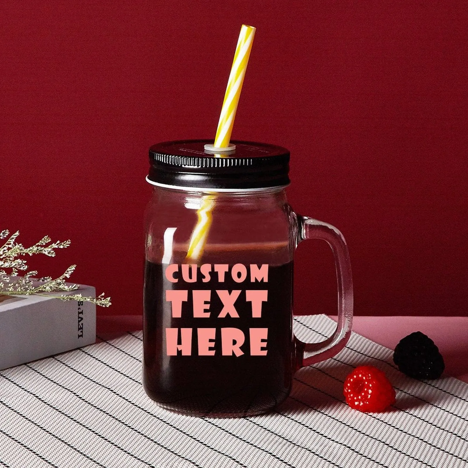 Custom Text 16OZ Mason Cup with Handle&Lid Personalized Drinking Glass Gift Mason Jar Wedding Gifts Favors