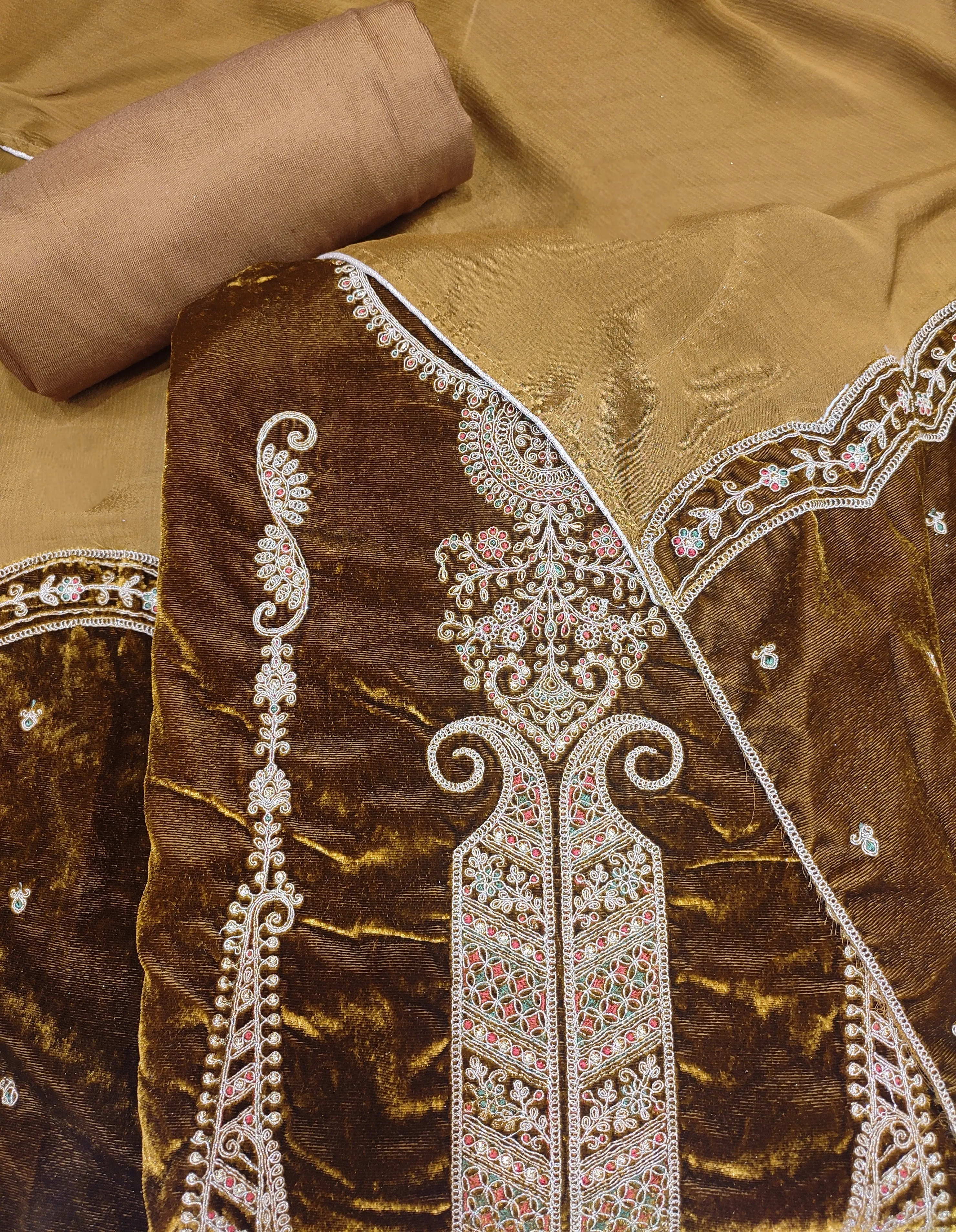 Golden Brown Unstitched Suit With Golden Embroidery