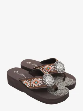 Mandala Silver Floral Rhinestones Concho Embroidered Wedge Flip-Flop