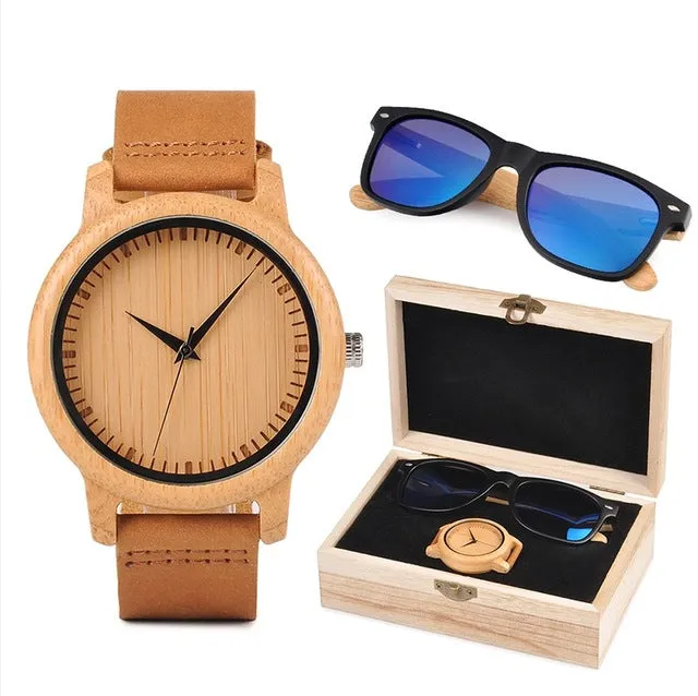 Minimalist Bamboo Watch & Sunglasses Gift Set (Personalised Box)