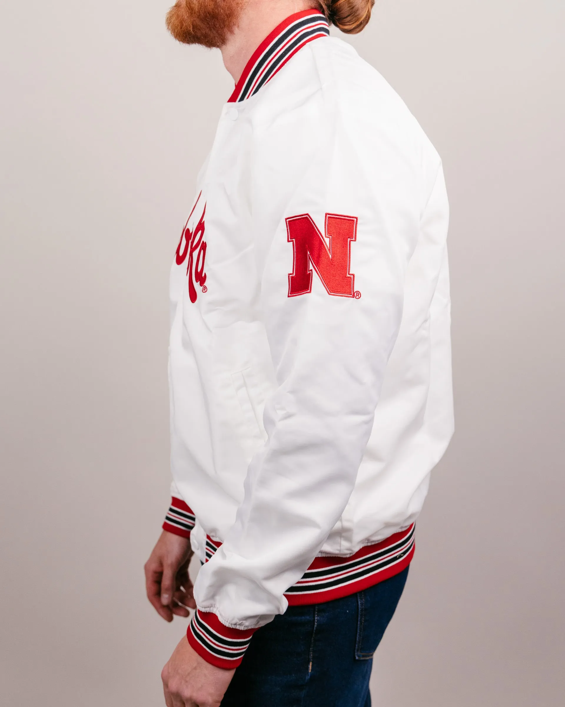 Nebraska Script Vintage White Varsity Jacket