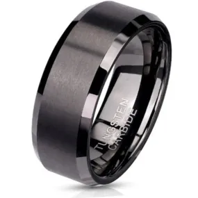 Personalized Men's Wedding Band - Matte Black Beveled Real Tungsten