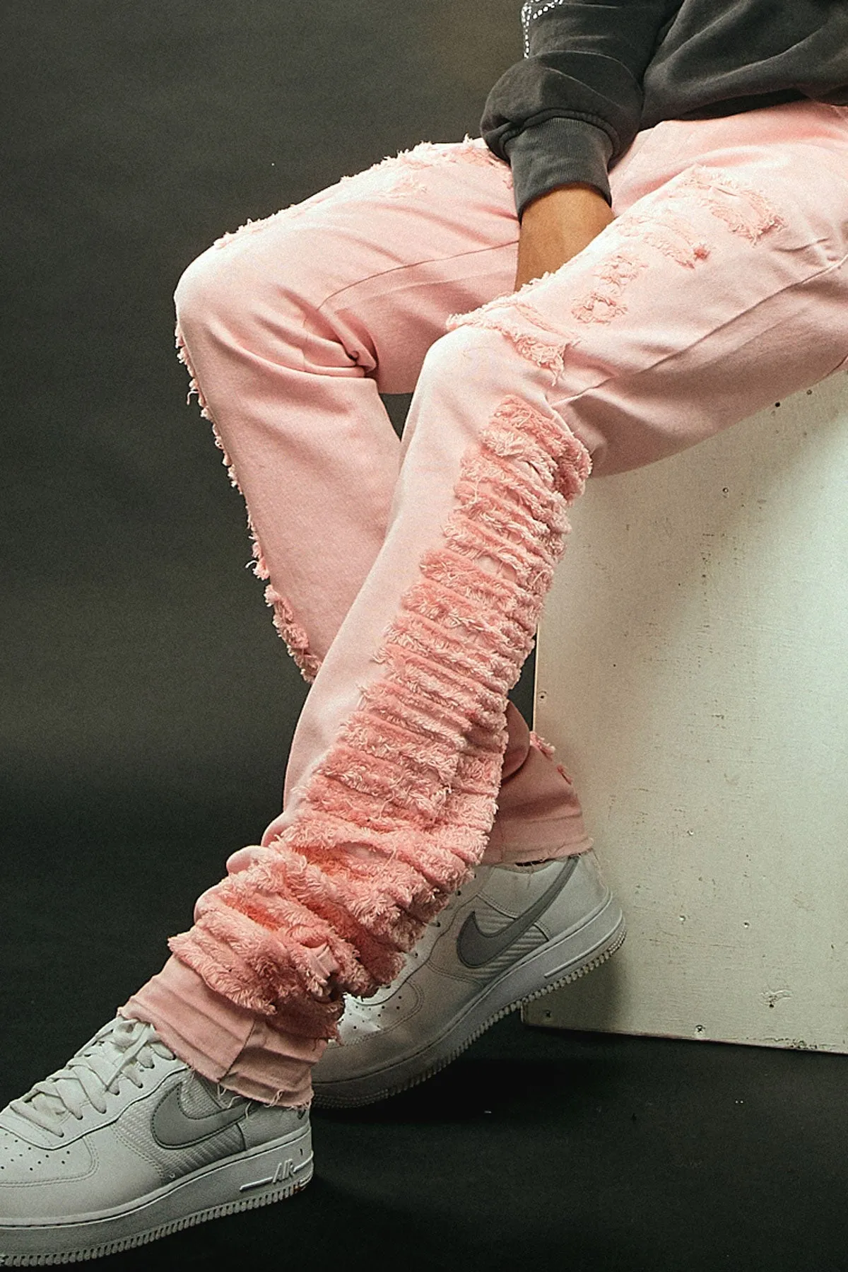 Ripped Patched Skinny Pink Men's Stacked Jeans