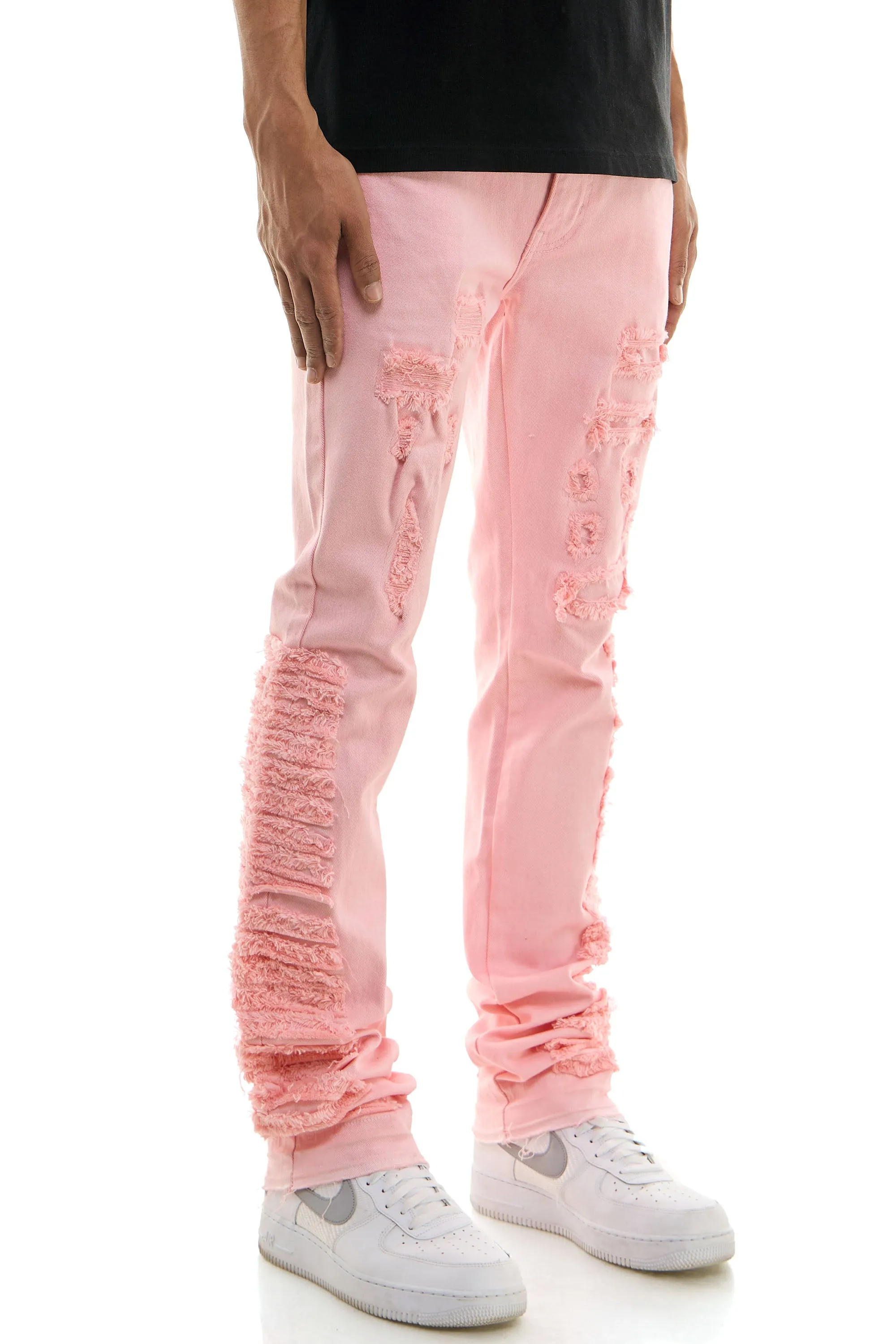 Ripped Patched Skinny Pink Men's Stacked Jeans