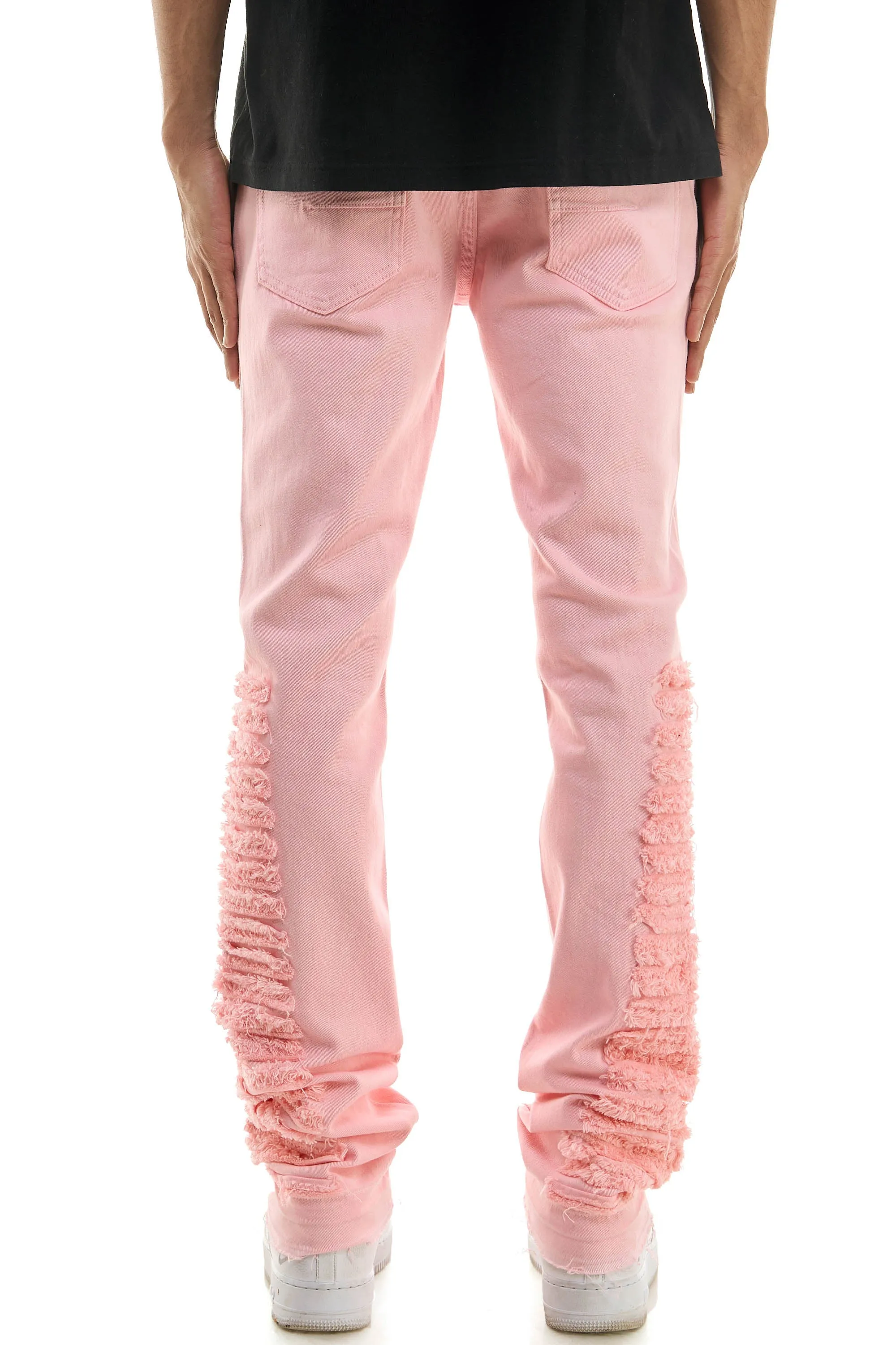 Ripped Patched Skinny Pink Men's Stacked Jeans