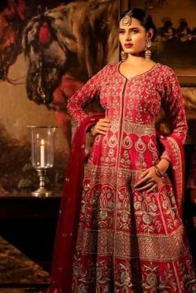 Scarlet red Jacket with Net dupatta.