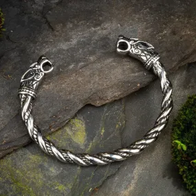 Stainless Steel Beaded Spiral Wolf Head Torc Bracelet