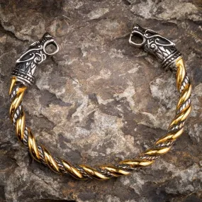 Stainless Steel Dual Color Beaded Spiral Wolf Head Torc Bracelet