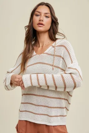 Striped Hooded Open Knit Sweater