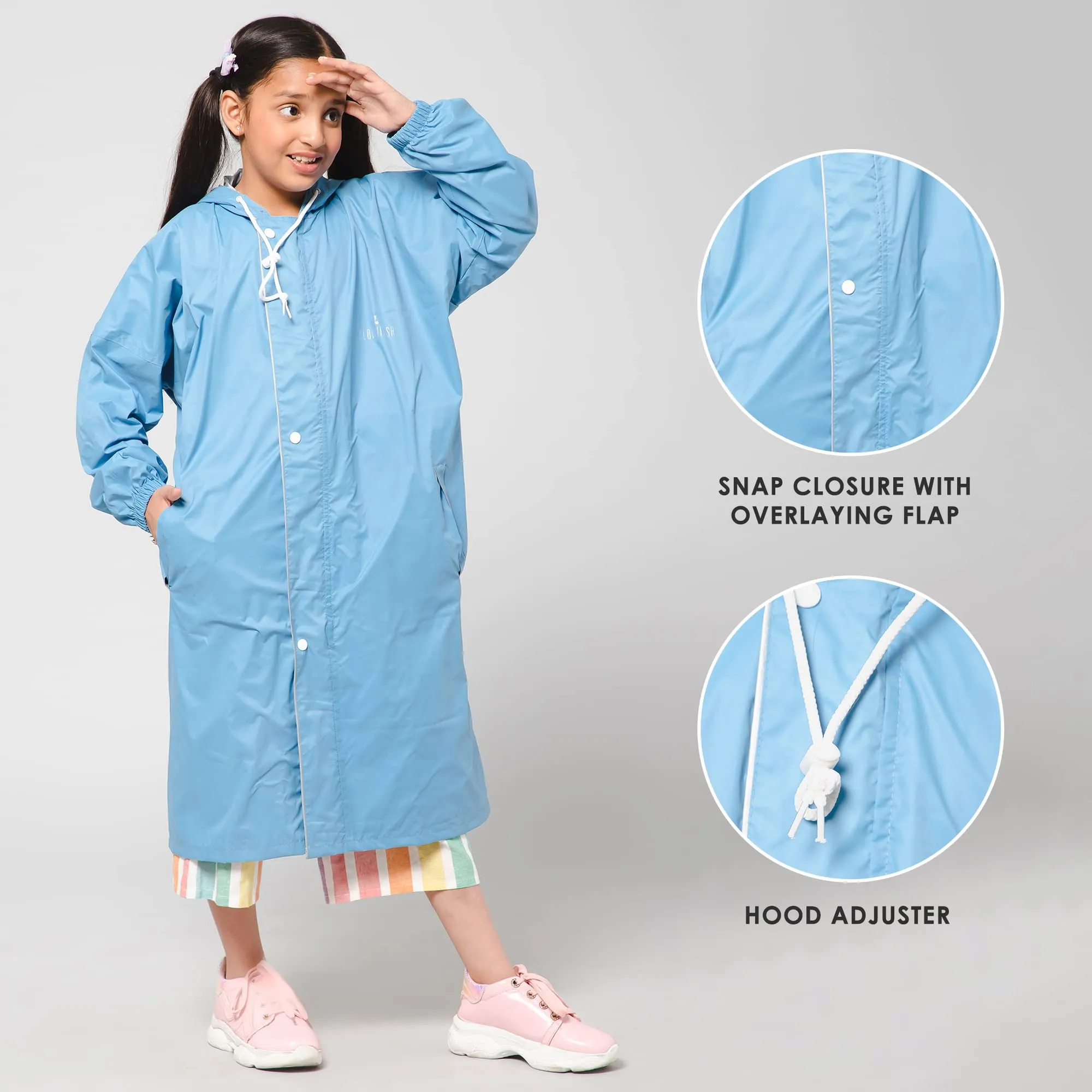 THE CLOWNFISH Cloud Chaser Series Kids Raincoat Waterproof Polyester Double Coating Reversible Longcoat with Hood and Reflector Logo at Back. Printed Plastic Pouch. Kid Age-11-12 years (Skyblue)