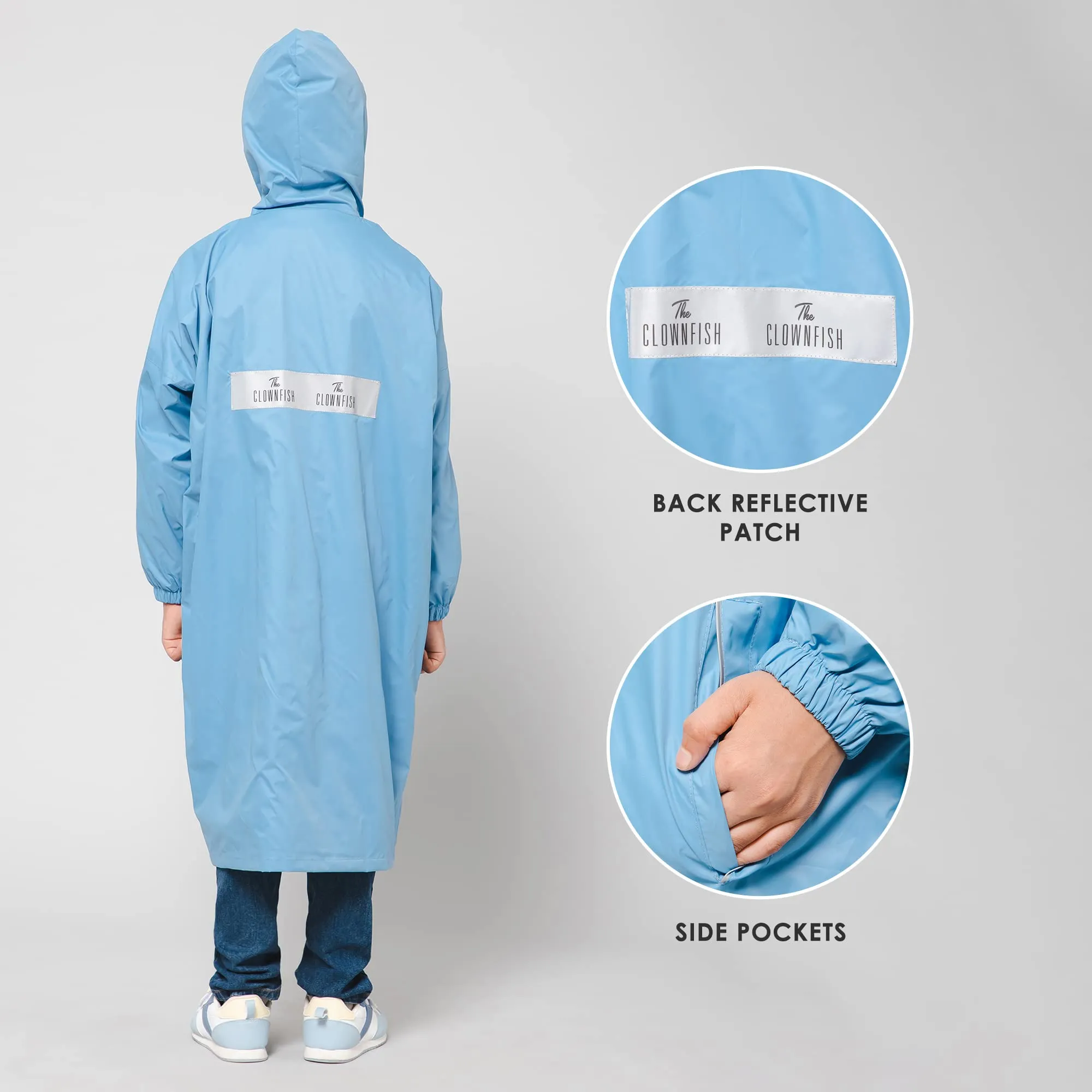 THE CLOWNFISH Cloud Chaser Series Kids Raincoat Waterproof Polyester Double Coating Reversible Longcoat with Hood and Reflector Logo at Back. Printed Plastic Pouch. Kid Age-11-12 years (Skyblue)