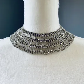 Vintage Rhinestone Collar Choker Necklace with 600 Rhinestones and Lace Filigree. Wedding Jewelry.