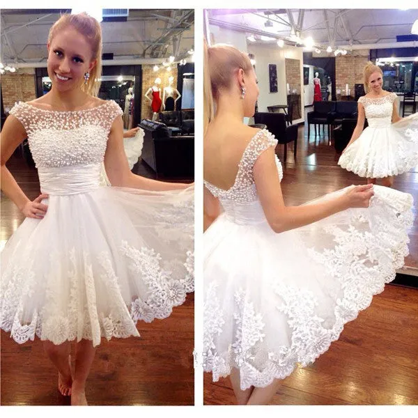 White Sheer Lace Appliques Pearls Beading Short Homecoming Dresses