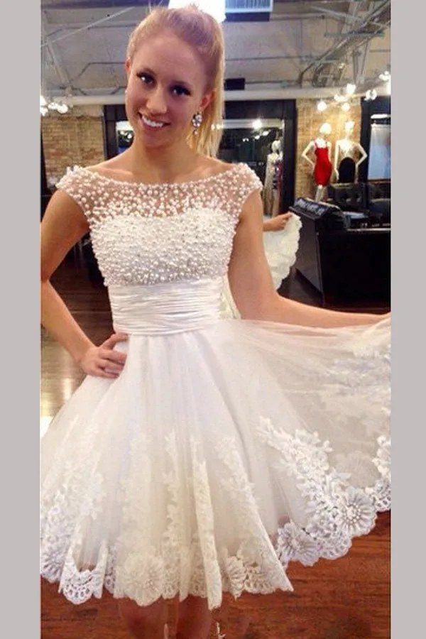 White Sheer Lace Appliques Pearls Beading Short Homecoming Dresses