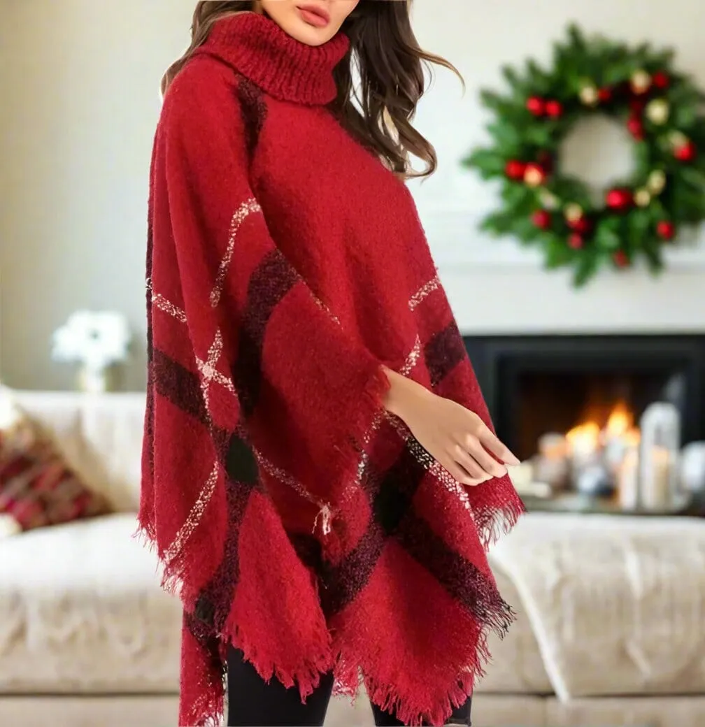 Womens Christmas Red Black Plaid Poncho, Fringed Pull Over Shawl, Size OS, Red/Black