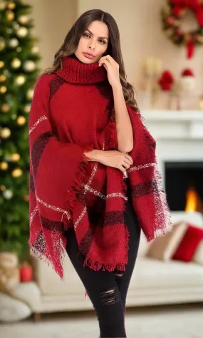 Womens Christmas Red Black Plaid Poncho, Fringed Pull Over Shawl, Size OS, Red/Black